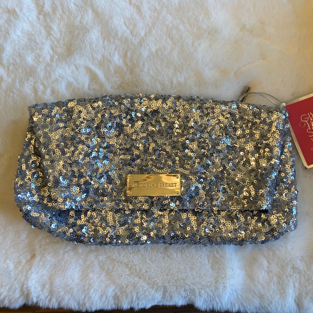 Victoria's Secret Silver Sequin Clutch with Metallic Detail